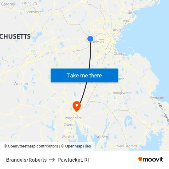 Brandeis/Roberts to Pawtucket, RI map