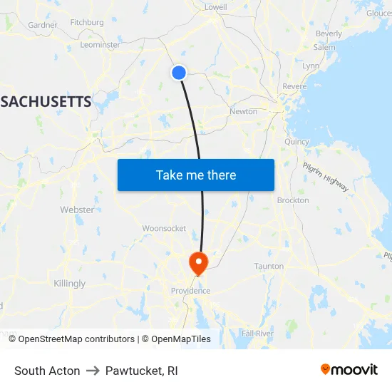 South Acton to Pawtucket, RI map