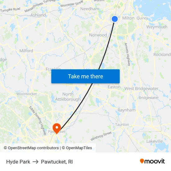 Hyde Park to Pawtucket, RI map