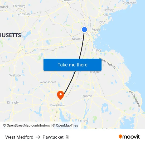 West Medford to Pawtucket, RI map
