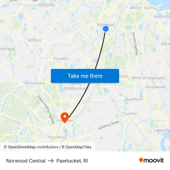 Norwood Central to Pawtucket, RI map