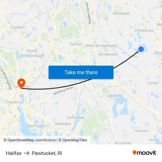 Halifax to Pawtucket, RI map