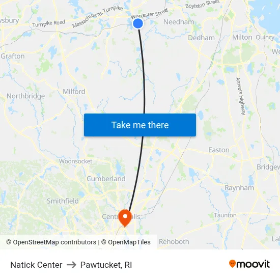 Natick Center to Pawtucket, RI map