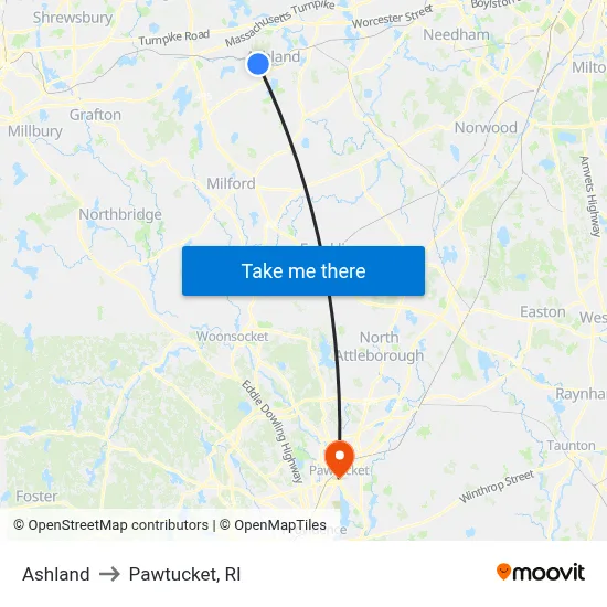 Ashland to Pawtucket, RI map