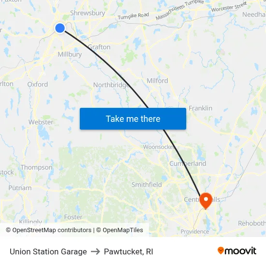 Union Station Garage to Pawtucket, RI map