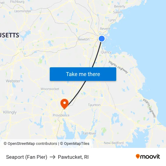 Seaport (Fan Pier) to Pawtucket, RI map