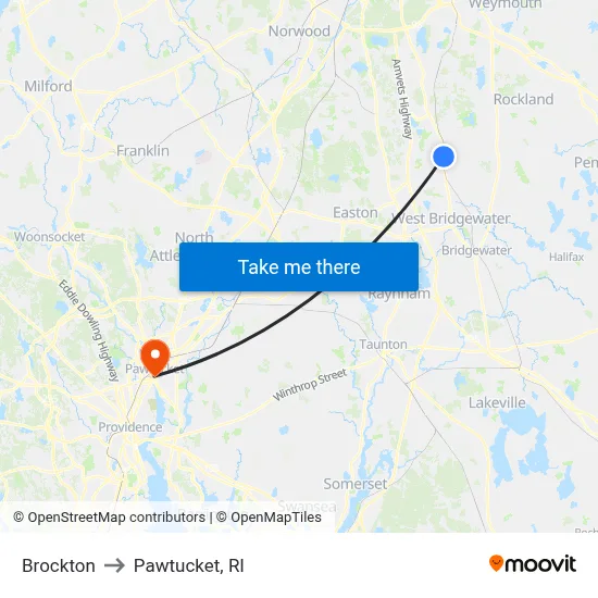 Brockton to Pawtucket, RI map