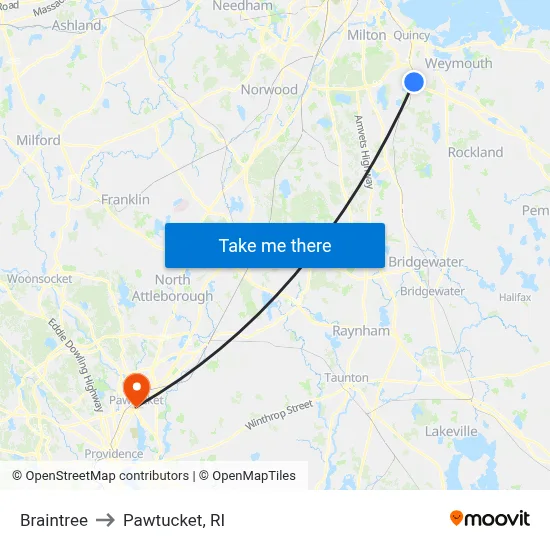 Braintree to Pawtucket, RI map