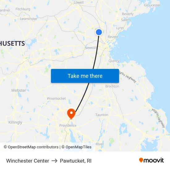 Winchester Center to Pawtucket, RI map