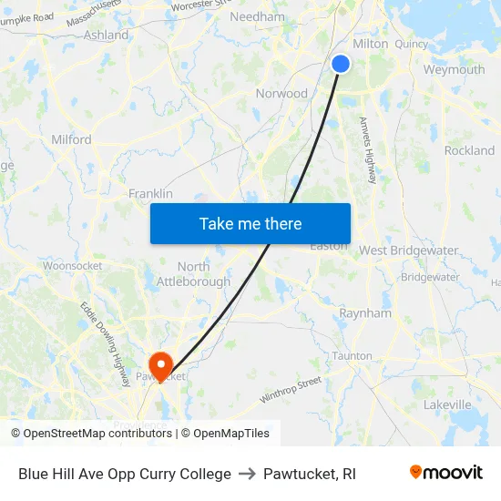 Blue Hill Ave Opp Curry College to Pawtucket, RI map