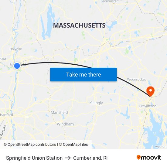 Springfield Union Station to Cumberland, RI map