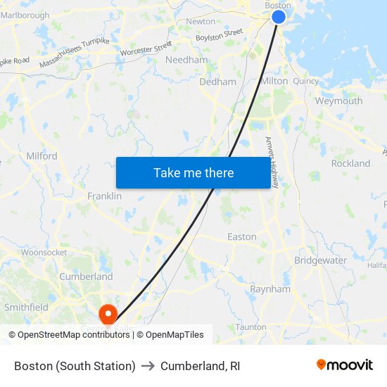 Boston (South Station) to Cumberland, RI map