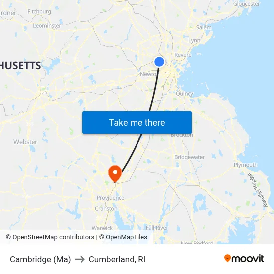 Cambridge (Ma) to Cumberland, RI map