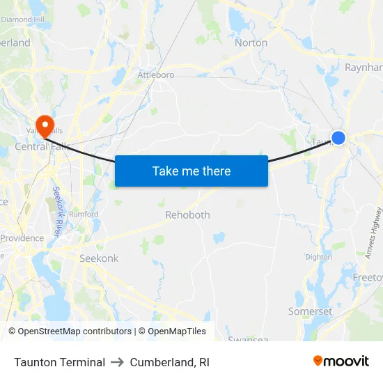 Taunton Terminal to Cumberland, RI map
