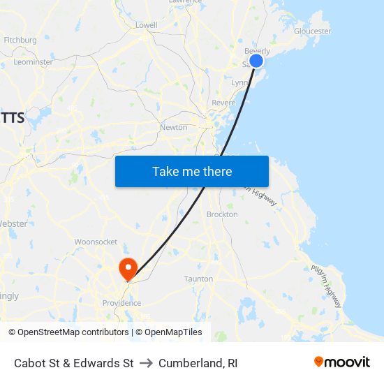 Cabot St & Edwards St to Cumberland, RI map