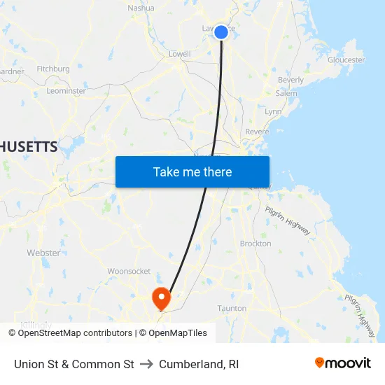 Union St & Common St to Cumberland, RI map