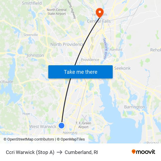 Ccri Warwick (Stop A) to Cumberland, RI map