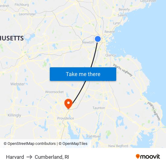 Harvard to Cumberland, RI map