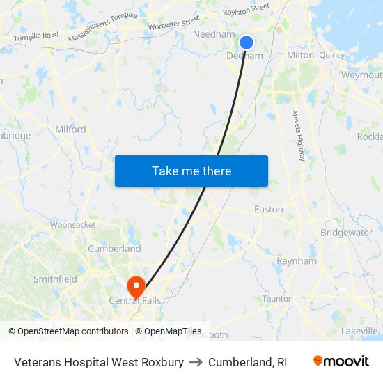 Veterans Hospital West Roxbury to Cumberland, RI map