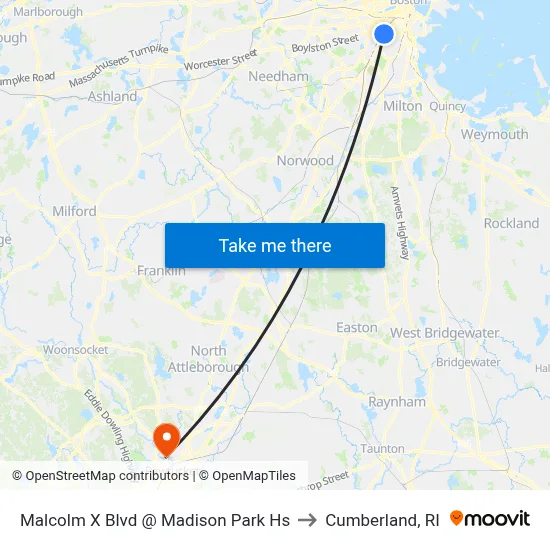 Malcolm X Blvd @ Madison Park Hs to Cumberland, RI map