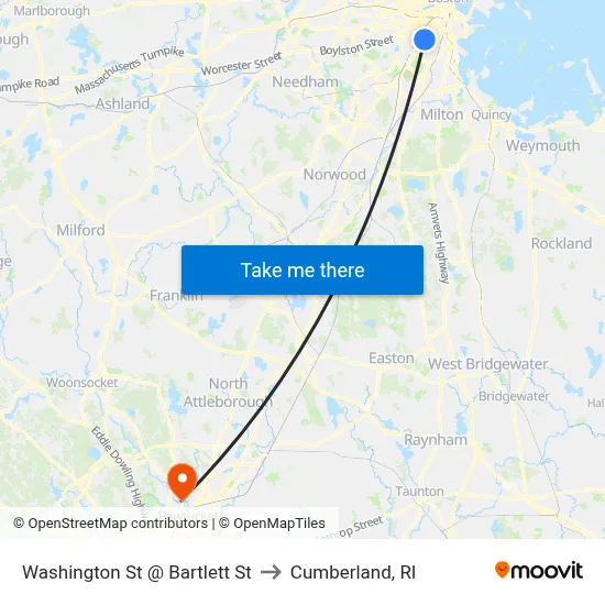 Washington St @ Bartlett St to Cumberland, RI map