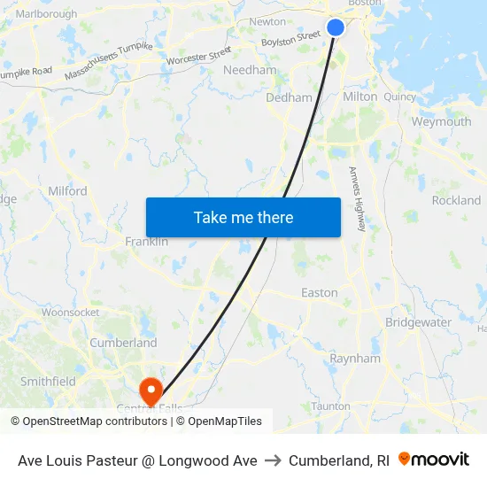 Ave Louis Pasteur @ Longwood Ave to Cumberland, RI map