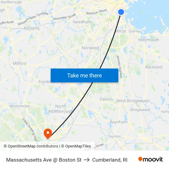 Massachusetts Ave @ Boston St to Cumberland, RI map