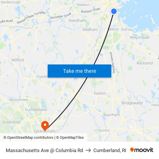 Massachusetts Ave @ Columbia Rd to Cumberland, RI map