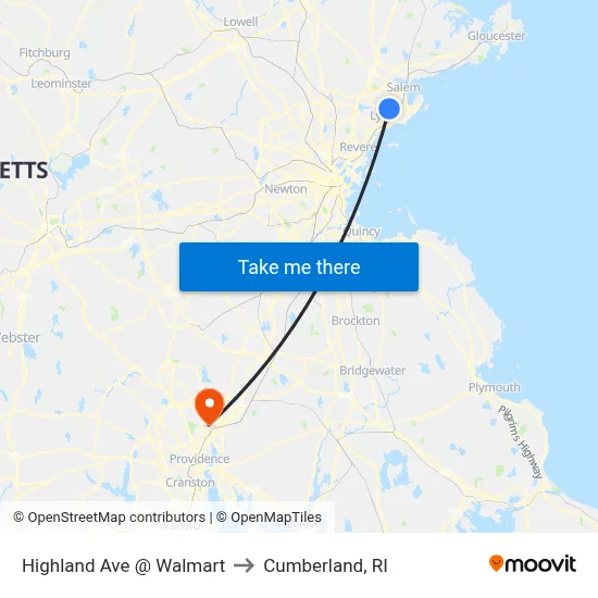 Highland Ave @ Walmart to Cumberland, RI map