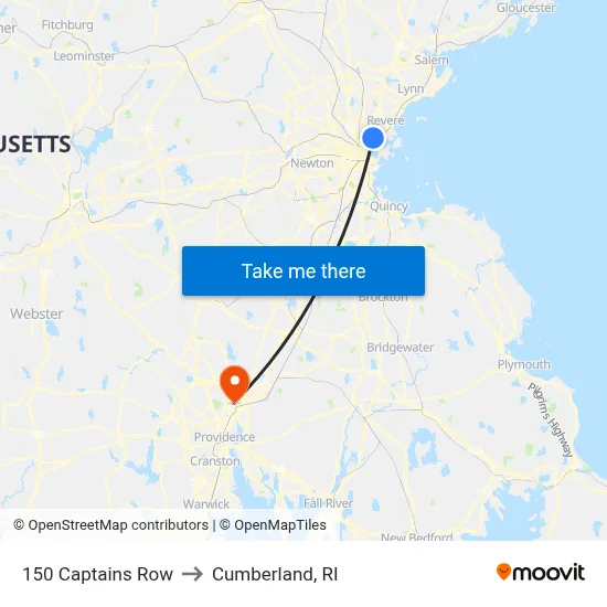 150 Captains Row to Cumberland, RI map