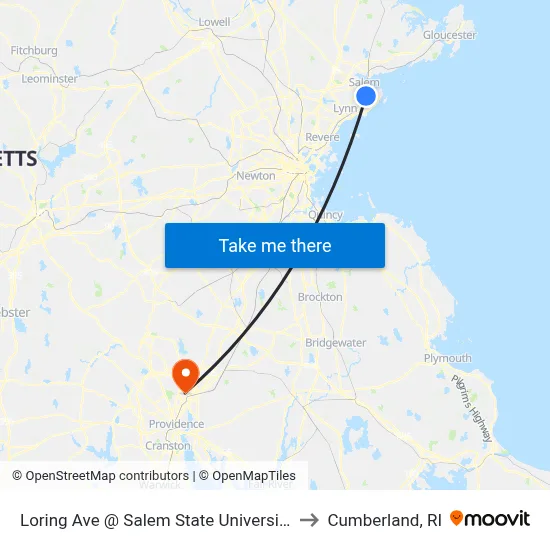 Loring Ave @ Salem State University to Cumberland, RI map