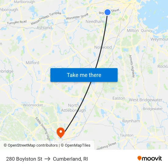280 Boylston St to Cumberland, RI map