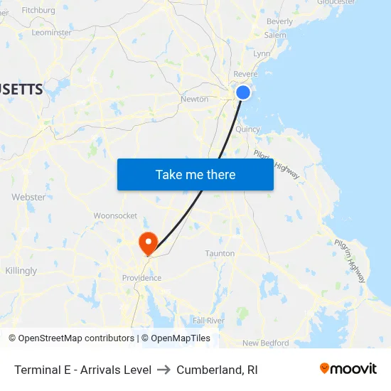 Terminal E - Arrivals Level to Cumberland, RI map