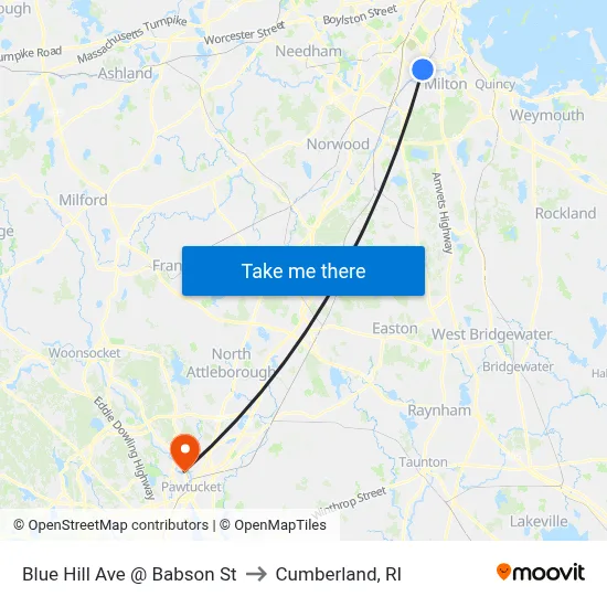Blue Hill Ave @ Babson St to Cumberland, RI map