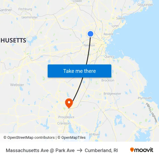 Massachusetts Ave @ Park Ave to Cumberland, RI map