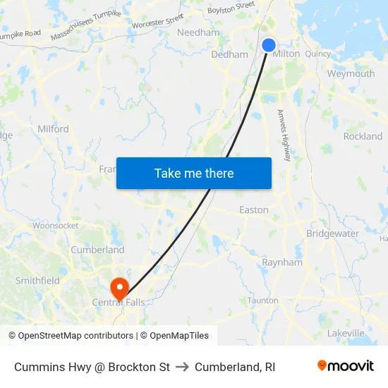 Cummins Hwy @ Brockton St to Cumberland, RI map