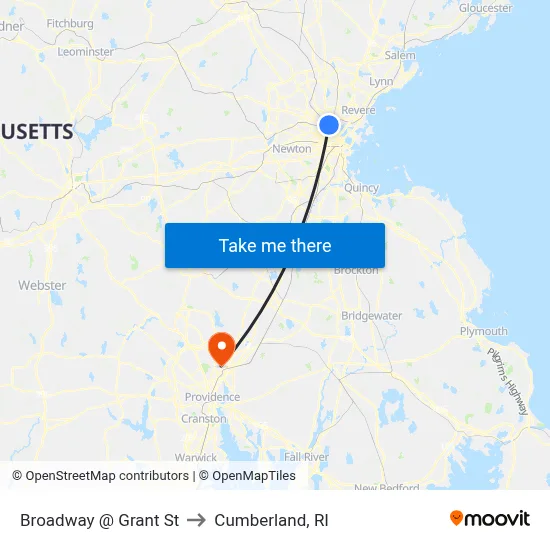 Broadway @ Grant St to Cumberland, RI map
