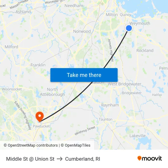 Middle St @ Union St to Cumberland, RI map