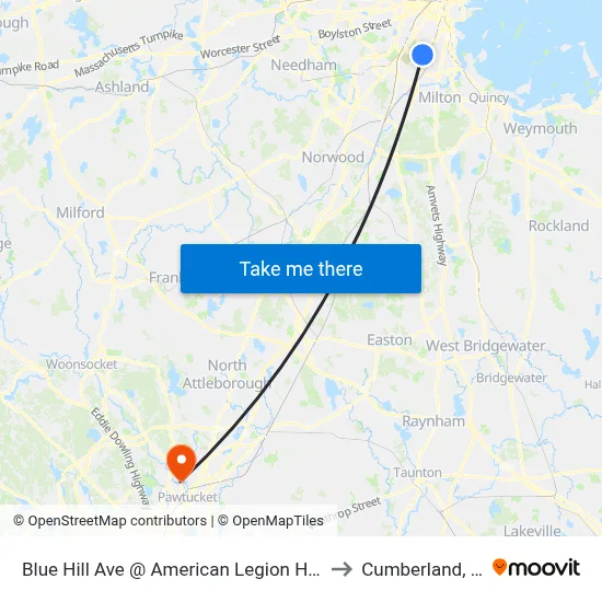 Blue Hill Ave @ American Legion Hwy to Cumberland, RI map