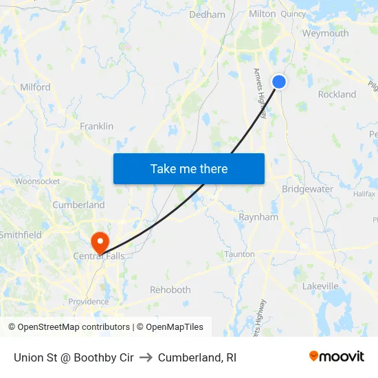 Union St @ Boothby Cir to Cumberland, RI map