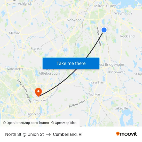 North St @ Union St to Cumberland, RI map