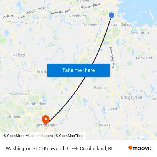 Washington St @ Kenwood St to Cumberland, RI map