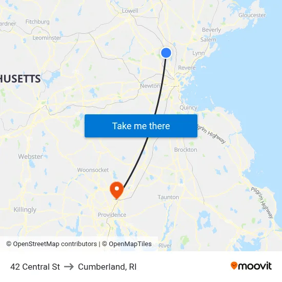 42 Central St to Cumberland, RI map