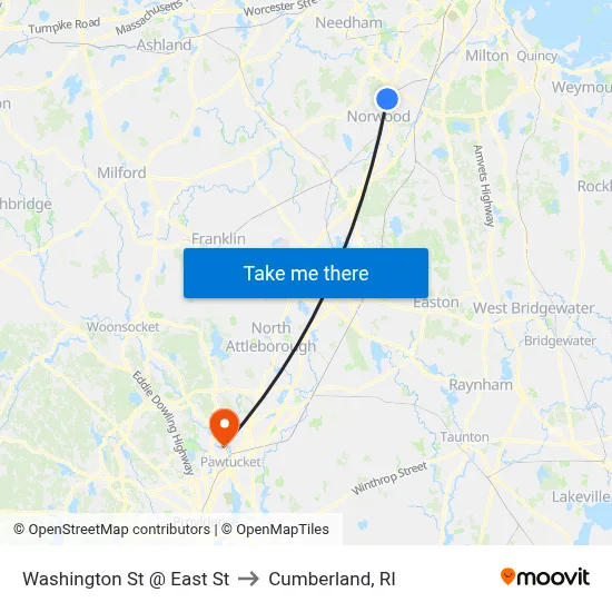 Washington St @ East St to Cumberland, RI map