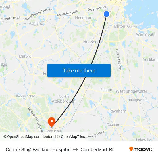 Centre St @ Faulkner Hospital to Cumberland, RI map