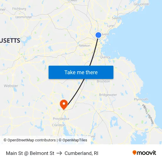 Main St @ Belmont St to Cumberland, RI map