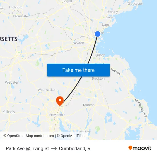 Park Ave @ Irving St to Cumberland, RI map