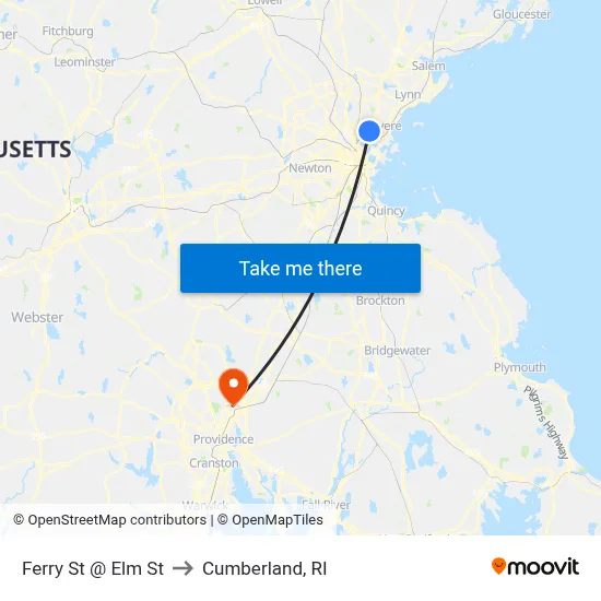Ferry St @ Elm St to Cumberland, RI map