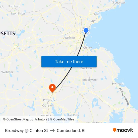Broadway @ Clinton St to Cumberland, RI map