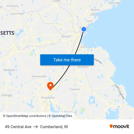 49 Central Ave to Cumberland, RI map
